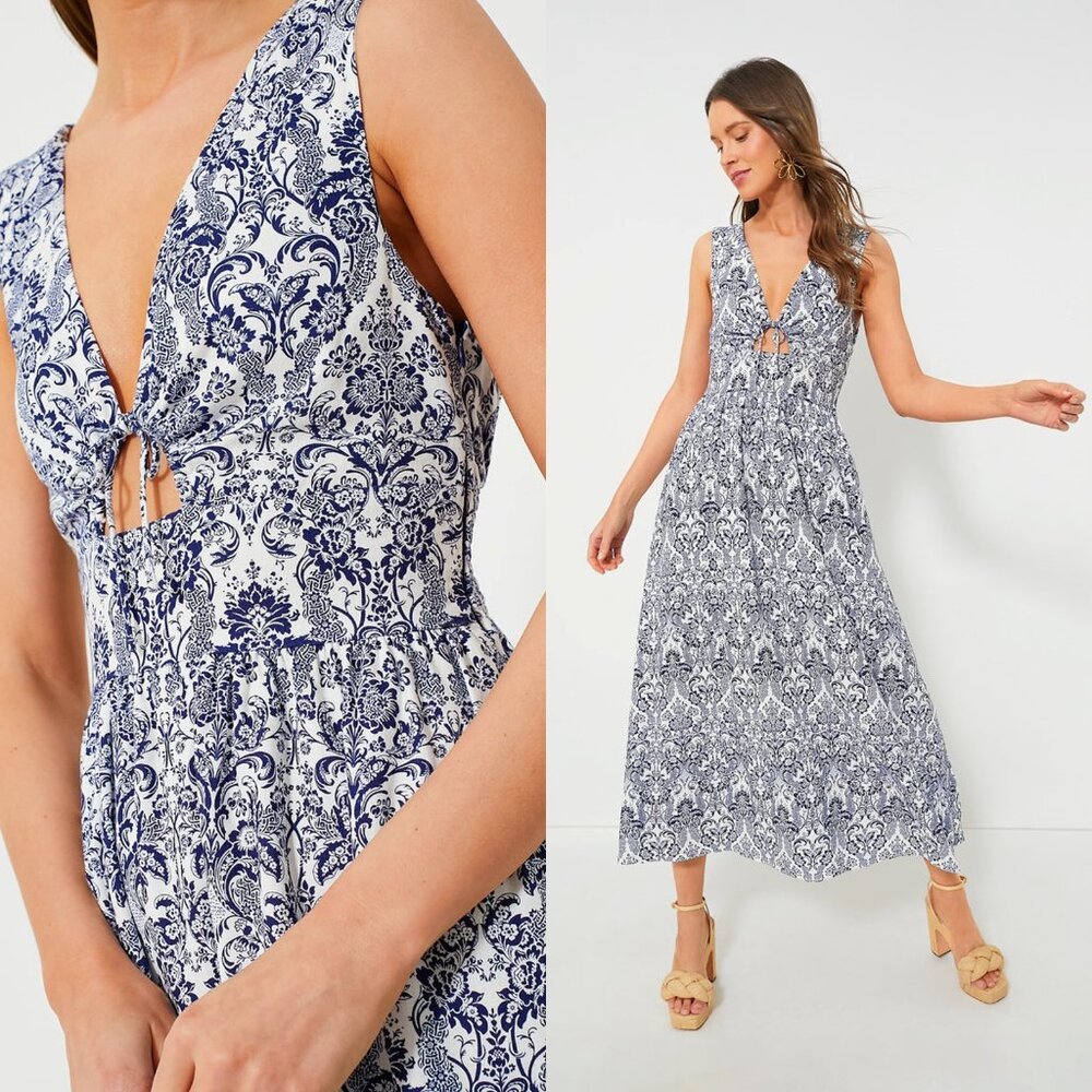 Hyacinth House NEW Navy Scroll Print Toula V Neck Sleeveless Maxi Dress Size L
